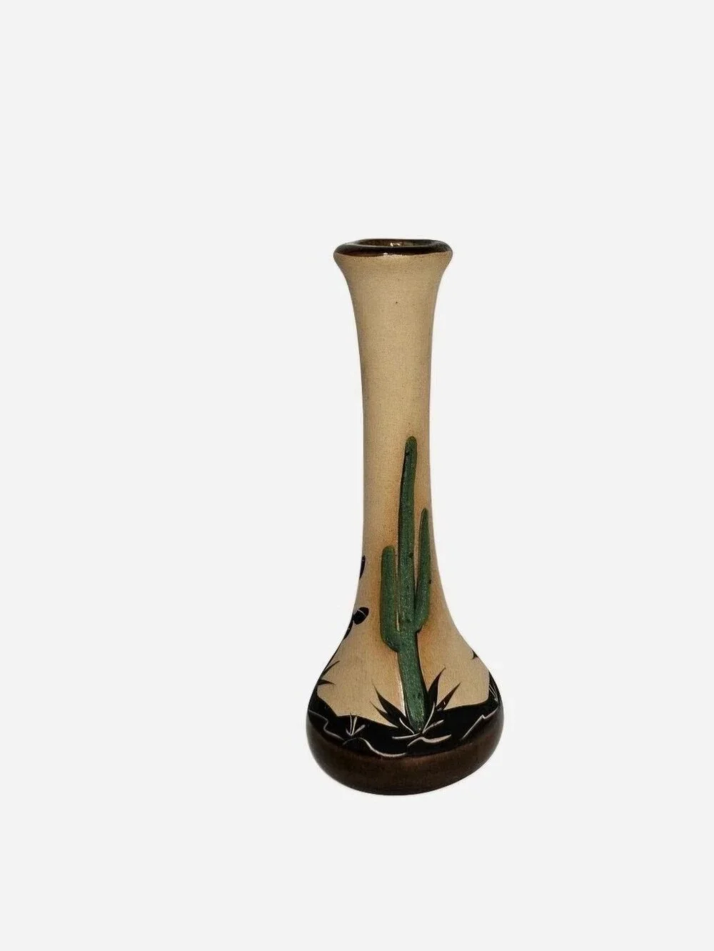 Southwestern-style bud vase with cactus design against a desert landscape
